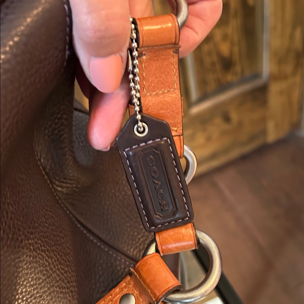 Coach Dark Brown Leather Shoulder Bag with purple stitching and lining - Picture 12 of 16